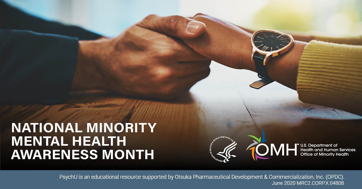 PsychUcommunity's tweet photo. July is National Minority Mental Health Awareness Month. During the month, the @HHSgov Office of Minority Health (OMH) will launch a free and accredited e-learning program. #NMHM2020 https://t.co/HECSe4vxnK