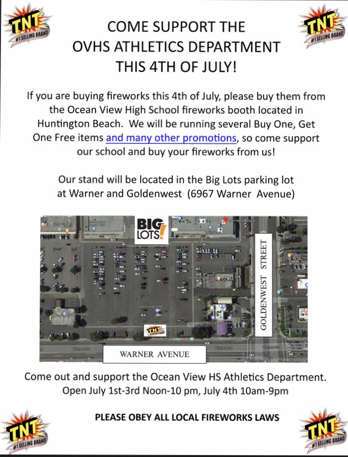 Opening Day for our Fireworks Stand! Please stop by to support multiple teams/groups at OV and get your fireworks for the 4th!