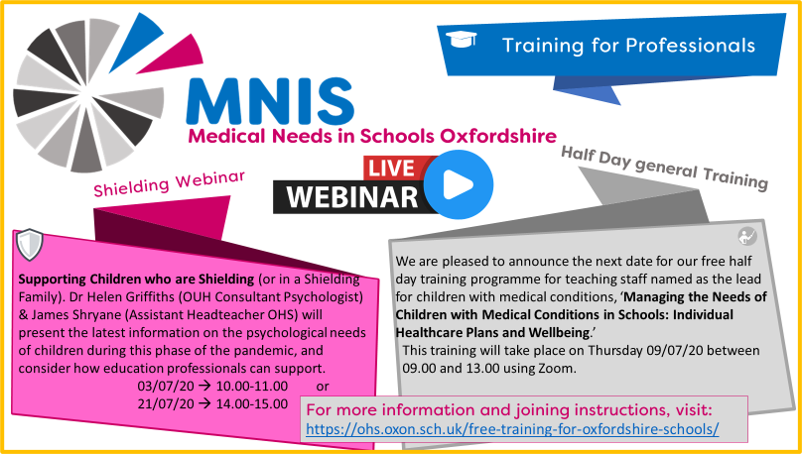MNIS_Oxon's tweet photo. Still some places left on this free training from the Oxfordshire Hospital School Medical Needs In Schools project. 
Supporting Children who are shielding #kidscovidmh 
Go to https://t.co/epmfj952J0 for more details. https://t.co/Om4hvUp74u