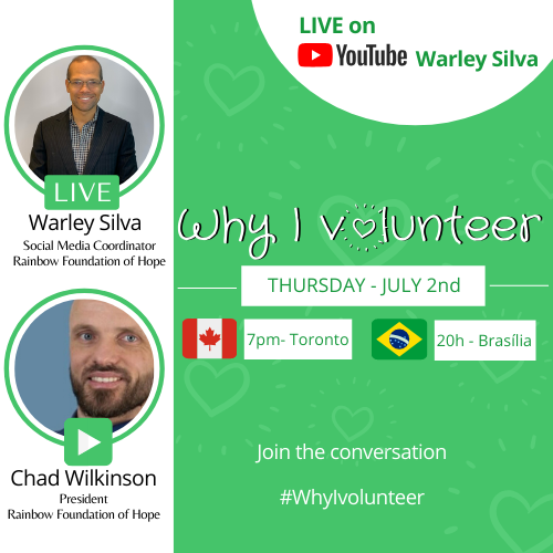 IT’S TOMORROW! Don't miss this inspiring talk with Chad Wilkinson this Thursday at 7pm (Eastern Time) live on Warley Silva’s YouTube channel. Join the movement #WhyIvolunteer!

Click here to access the event youtube.com/watch?v=onqgye…
#RFOH #WhyIvolunteer #YouTubeLIVE