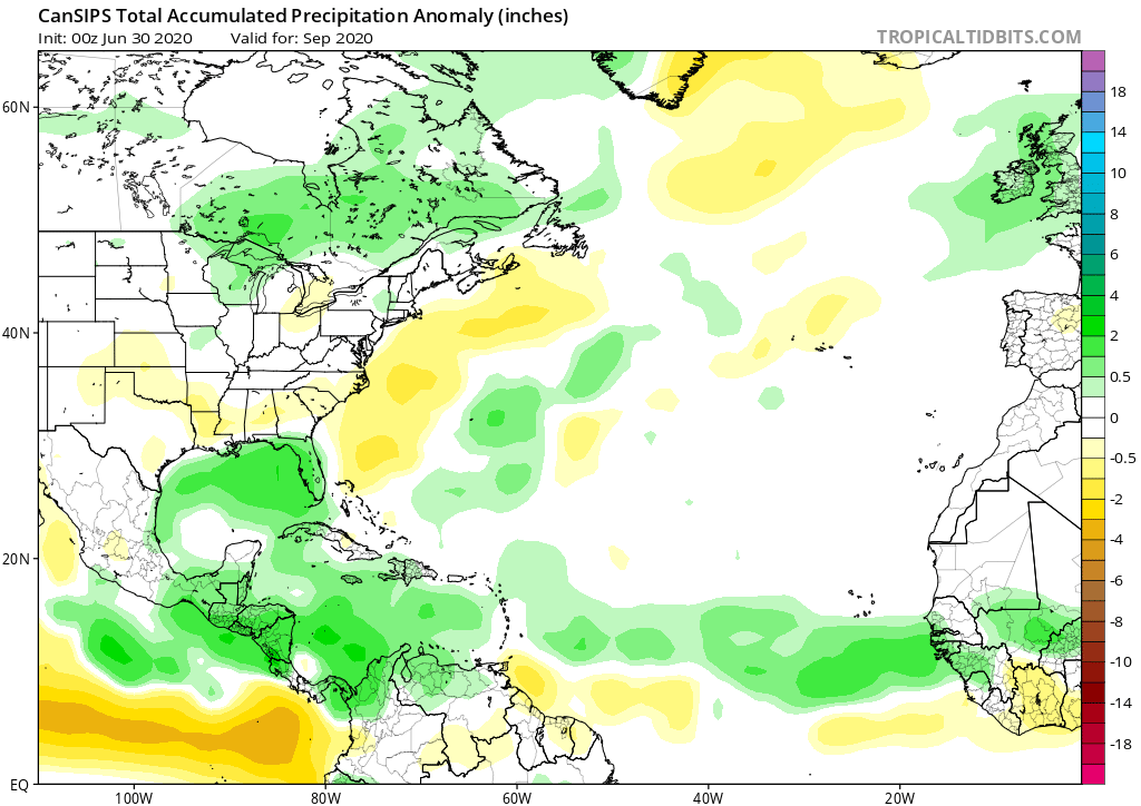 Prior factors combine to drive the precipitation anomalies that suggest an active MDR - green shading (enhanced precipitation)