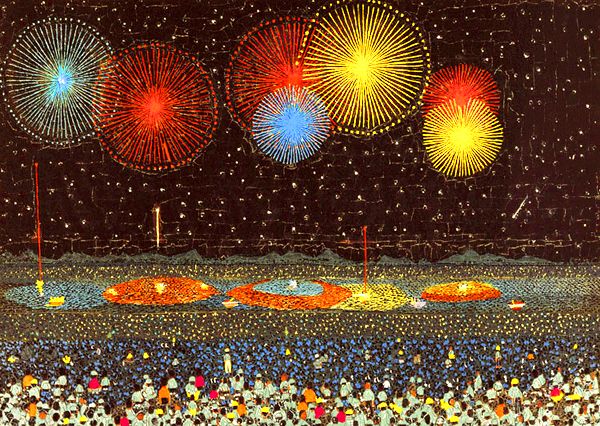 dctheartlady's tweet photo. Kiyoshi Yamashita 
Fireworks at Nagaoka 1950 
Yamashita used the Chigiri-e method of sticking torn pieces of colored paper together to depict the scenery he saw on his travels. https://t.co/hSge8niEqy