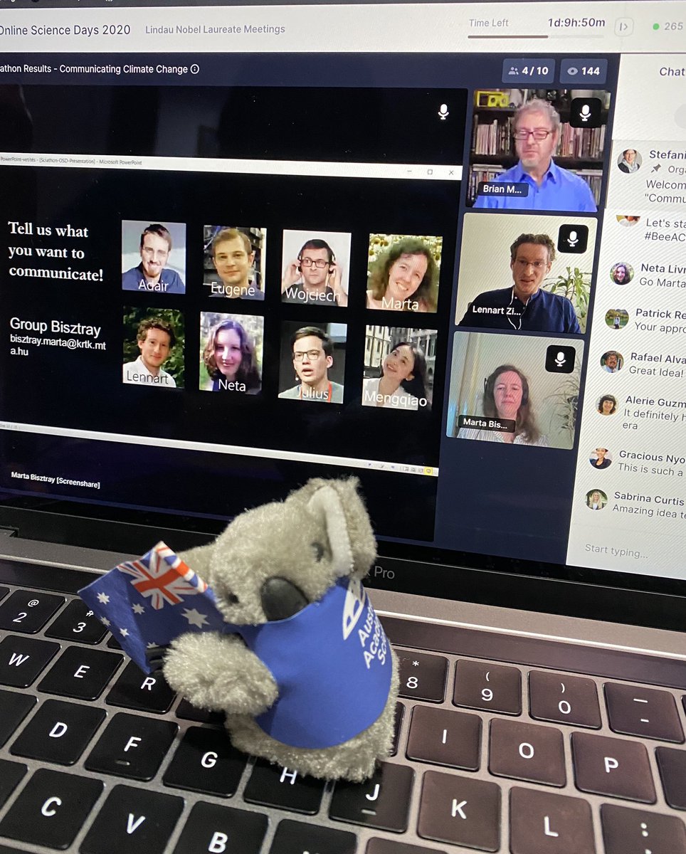 I’d like to particularly praise our #GroupBisztray for winning the #sciathon in the “Communicating Climate Change” category! Congratulations @juluzb, <a href="/lenny_ziegler/">Lennart Ziegler</a>, <a href="/Livnetata/">Neta Livneh</a>, <a href="/WHardyPL/">Wojciech Hardy</a>, Marta, Adair, and Mengqiao! #LindauAussies
