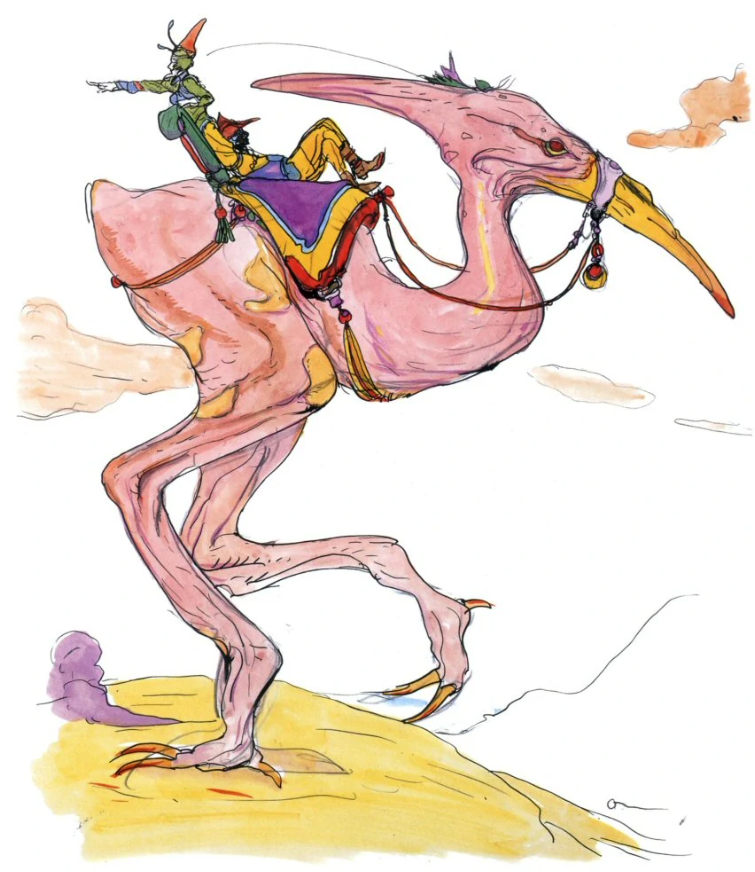 Chocobos first appeared in FF2 and hadn't been established as these cute, fluffy yellow birds yet, so Yoshitaka Amano's original chocobo artwork looked like THIS