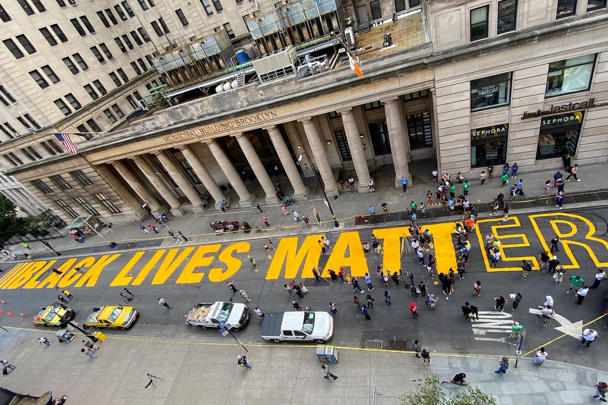 BradBeauregardJ's tweet photo. In New York, We the People are coming together and painting #BlackLivesMatter on Fifth Avenue in front of Trump Tower
Trump says the mural is "denigrating this luxury Avenue"
Vote out the #RacistInChief! Make sure everyone you know is registered to vote!
#BLMNY https://t.co/QvD8Tby48Q