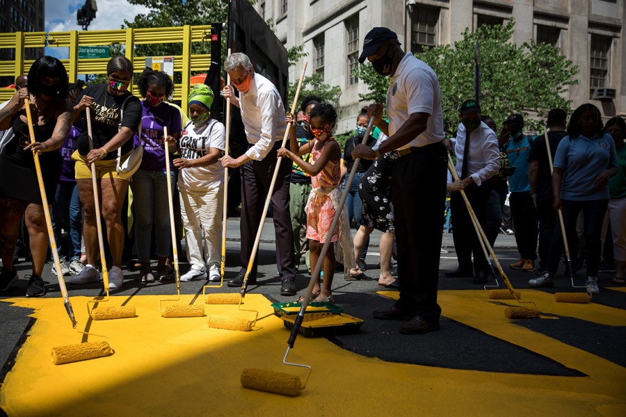 BradBeauregardJ's tweet photo. In New York, We the People are coming together and painting #BlackLivesMatter on Fifth Avenue in front of Trump Tower
Trump says the mural is "denigrating this luxury Avenue"
Vote out the #RacistInChief! Make sure everyone you know is registered to vote!
#BLMNY https://t.co/QvD8Tby48Q
