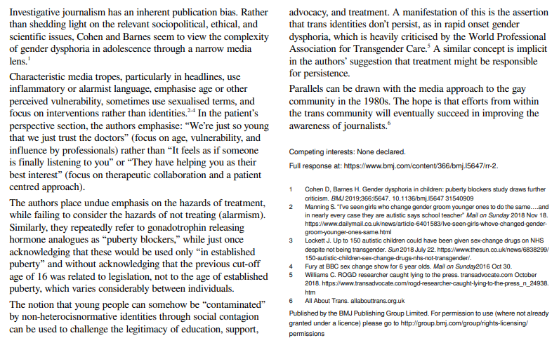 I'll end with a letter (below in full), responding to Barnes & Cohen's own piece for the BMJ. The writer (a practitioner in Trans health, unlike the vast majority of people NewsNight cite) equates the inflamatory & alarmist language used with the media homophobia of the 1980s 8/