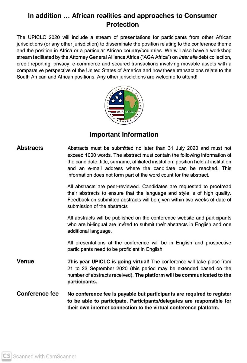 The 4th Bi-Annual <a href="/UPTuks/">University of Pretoria</a> International Consumer Law Conference will go ahead this year, except that we have decided to go virtual. Please see our amended call for papers. If you are interested to present a paper, please send us an abstract. @TuksLawFest @ResearchUP #UPICLC2020