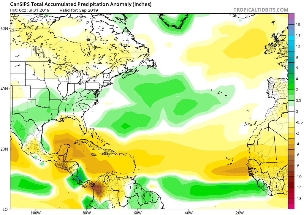 Contrast the 2020 forecast shown previously with the 2019 forecast shown here with below normal precip anomalies across the tropical Atlantic and Caribbean and how the 2019 season largely figured activity in the subtropical Atlantic