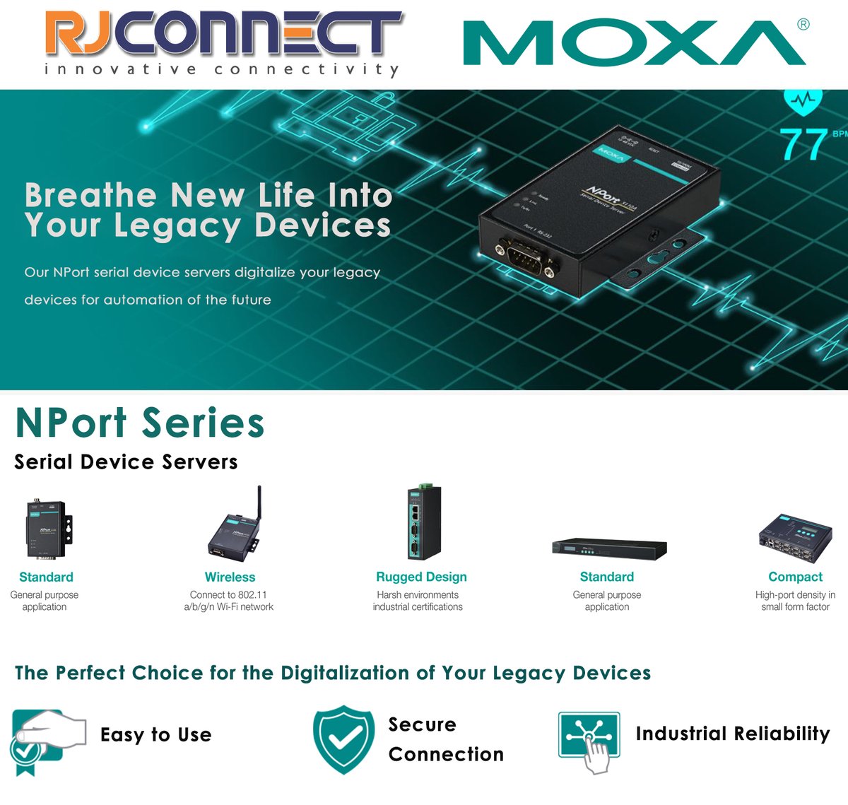 RJ_Connect's tweet photo. Our NPort serial device servers not only meet your different connectivity demands, but also ensure that device connectivity is easy, secure, and reliable. Learn more https://t.co/0O6kS17Hkq #nport #moxaconnects #rjconnect #Ethernet #serialdevice https://t.co/hTUgO1rvXv
