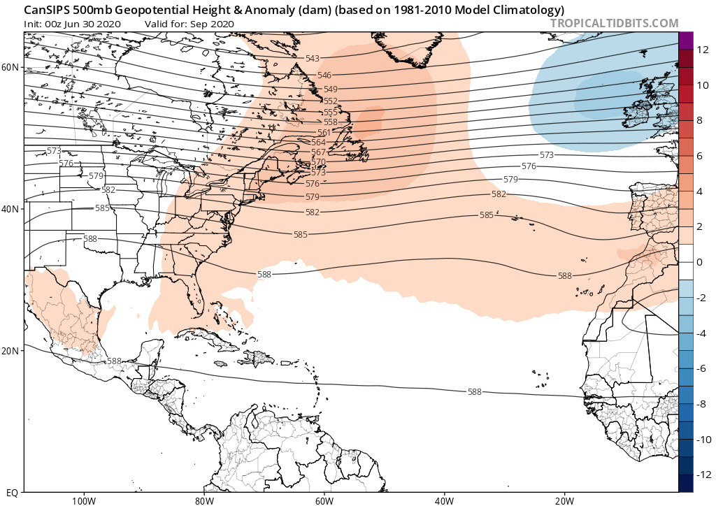 Consistent w/ a majority of last month's seasonal modeling, the July CanSIPS is hinting at anomalous ridging over E Canada which would lessen the likelihood of storms recurving and increase landfall threat. Of course I must emphasize the LARGE uncertainty with steering forecasts