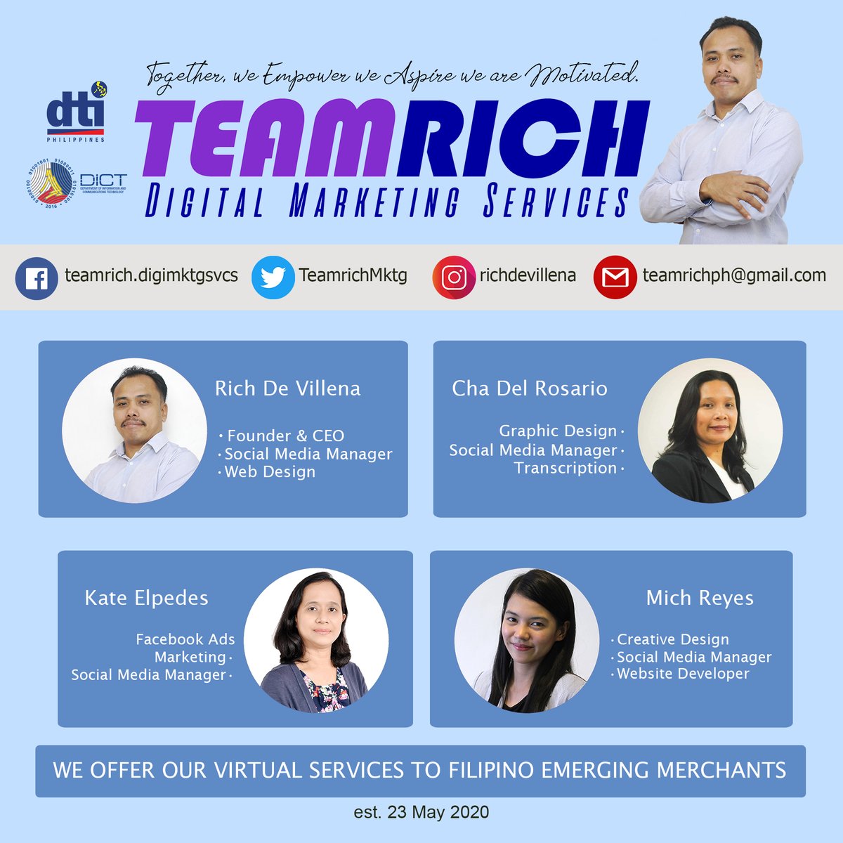 TeamrichMktg's tweet photo. Are you thinking of opening a business during this time?
Our services are open for Filipino emerging Merchants during this new normal. If you are starting up an online or brick-and-mortar business, it is good to have your virtual services to have effective overhead costs. #weRVA https://t.co/che1xYCwj4
