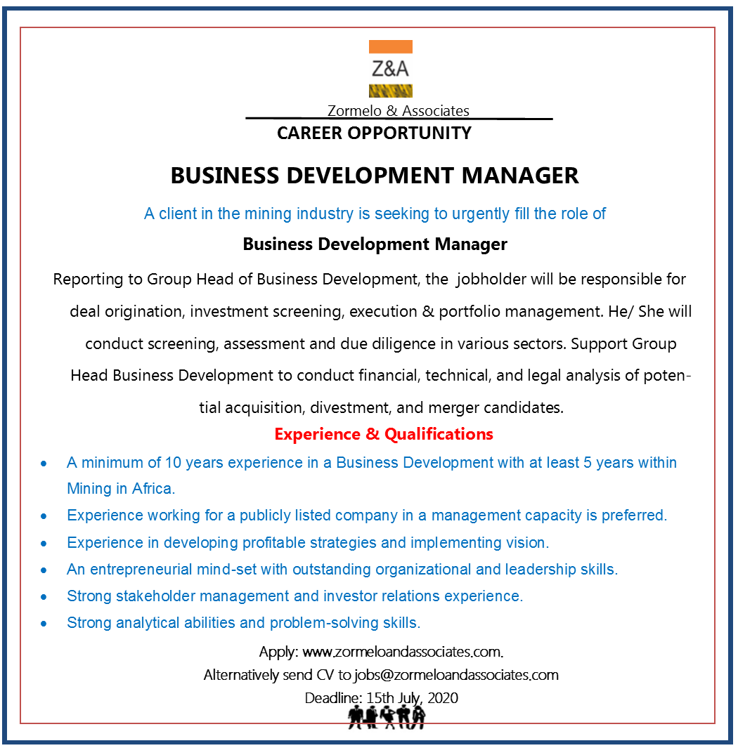 ZormeloAndAssoc's tweet photo. Career Opportunity!!

One of our clients in the mining sector is seeking to recruit a  Business Development Manager. Please apply here >>>https://t.co/ZlTXfwYmvx or see below for other application alternatives. #hiring #Miningsector #Mining https://t.co/6ngtc8biXb