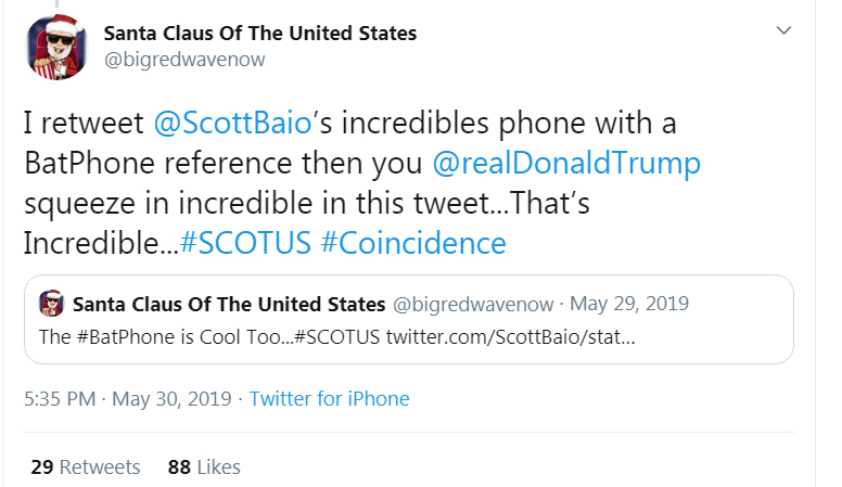  Holy , Batman! The next day,  @realDonaldTrump Tweets about "incredible Border Patrol" at 5:16 PM.  @bigredwavenow responds 19 minutes later at 5:35! That's Incredible!