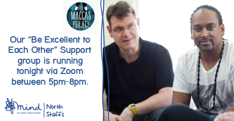 NorthStaffsMind's tweet photo. Since lock-down, we've run our Be Excellent to Each Other meetings for men via Zoom every Weds 5pm-8pm.

To join copy &amp; paste this link to your internet browser bar.

https://t.co/rWBuUUsSDJ…

Or click to join a meeting on Zoom, using Meeting ID: 838 4126 7624 &amp; Password: 841506 https://t.co/qa672TPq4R