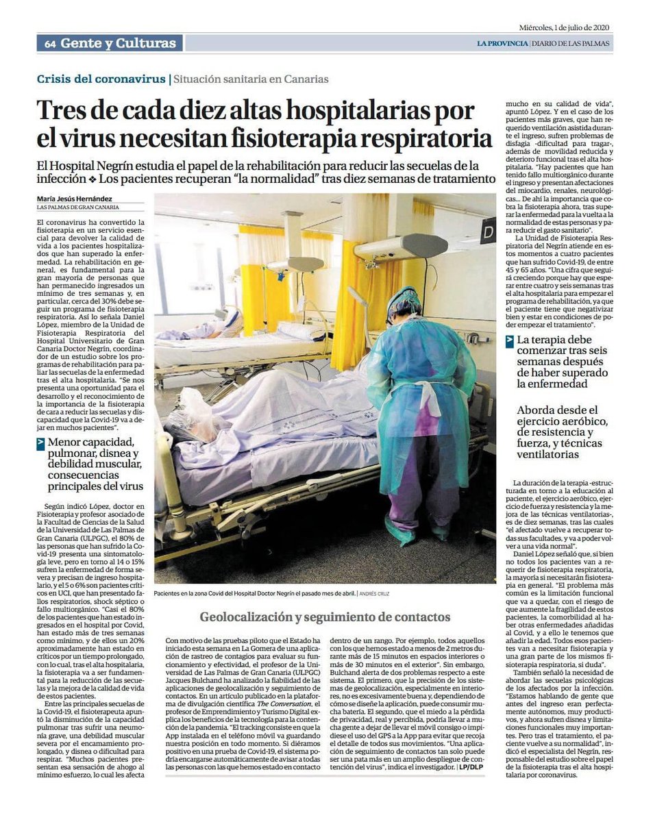 El #COVID19 va a dejar secuelas físicas como psicológicas. La #Fisioterapia ha sido esencial en el paciente en UCI y hospitalización, también lo es al alta hospitalaria. 
Gracias a <a href="/laprovincia_es/">La Provincia</a> por dar visibilidad a la #FisioterapiaRespiratoria <a href="/COFISCanarias/">COFISCanarias</a> <a href="/aefisio/">AEF</a> <a href="/cgcfe/">CGCFE</a>