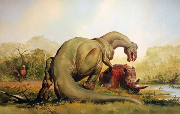 paleo_pop's tweet photo. @TetZoo No doubt most know the other pictures D'Achille painted for the book, but I'll add some of them here because they're so cool: Yeti &amp; Kasai rex. 

I'm quite fond of D'Achille's work—everything looks so fluid, like the masses of hair &amp; flesh were made of flowing pools of color. https://t.co/5UfValidZD