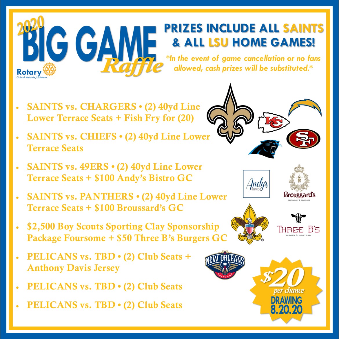 More great prizes included in this year's BIG GAME Raffle! 
40 Prizes Total = 40 Winners! 

Email sclary@bridgehouse.org for more info on purchasing tickets.