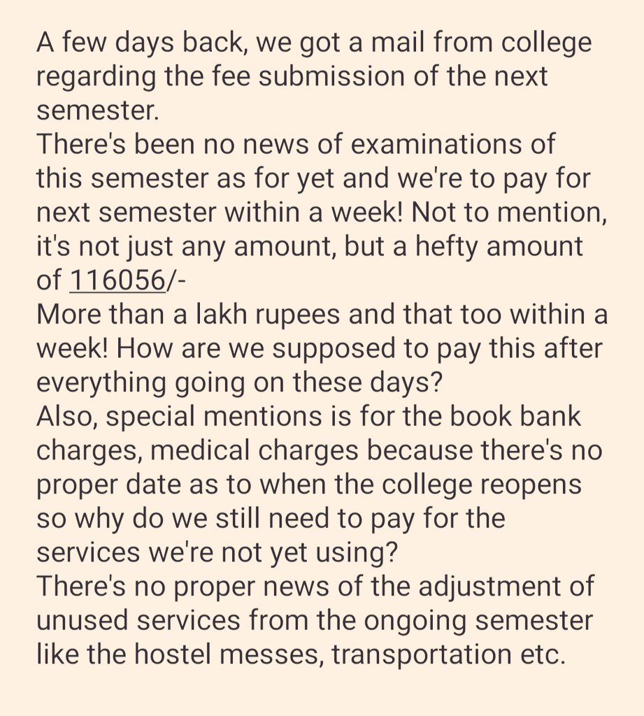 Prakh_Ansh's tweet photo. Even the @AICTE_INDIA and @mygovindia circulated a letter to every institute/college *to NOT insist the students to pay the fees until the lockdown is lifted and/or normalcy is maintained* Dated April 15.
But @Official_AKGEC is demanding us fees at such short notice. https://t.co/b0D9L4G8ot