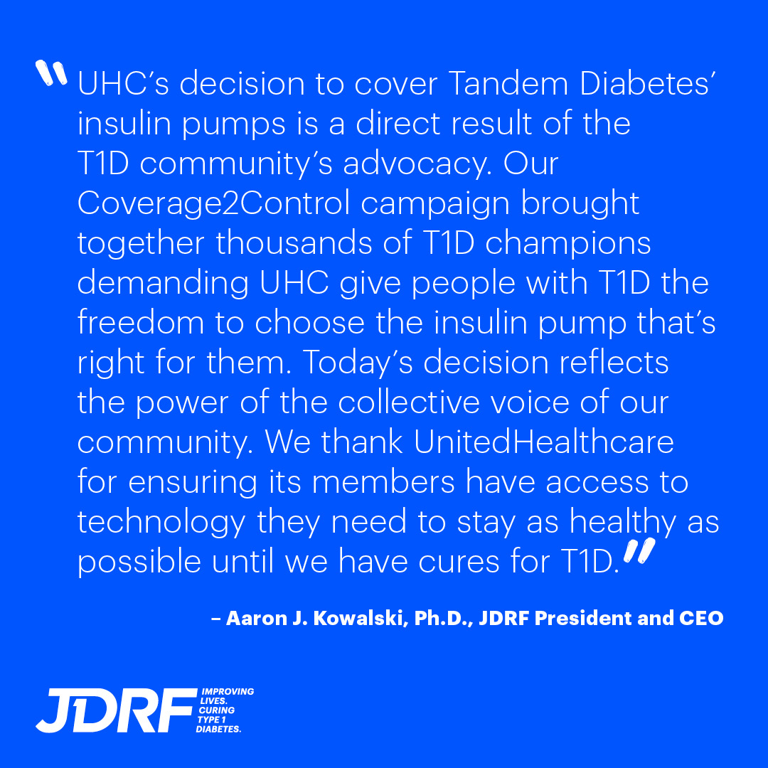 BT1D_Advocacy's tweet image. Amazing news from @UHC today! Our #Coverage2Control campaign rallied thousands of #T1D champions demanding UHC give people w/ T1D the freedom to choose the insulin pump that’s right for them. Today, we won! UHC will cover @TandemDiabetes pumps in-network: jdrf.org/press-releases…