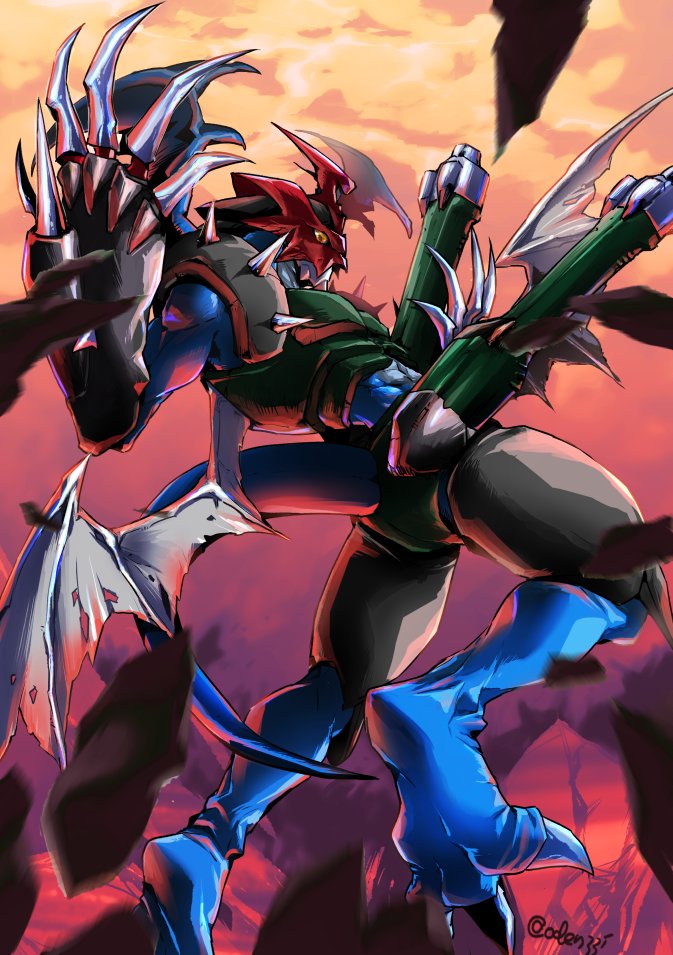 arm cannon solo no humans digimon (creature) green eyes spikes claws  illustration images