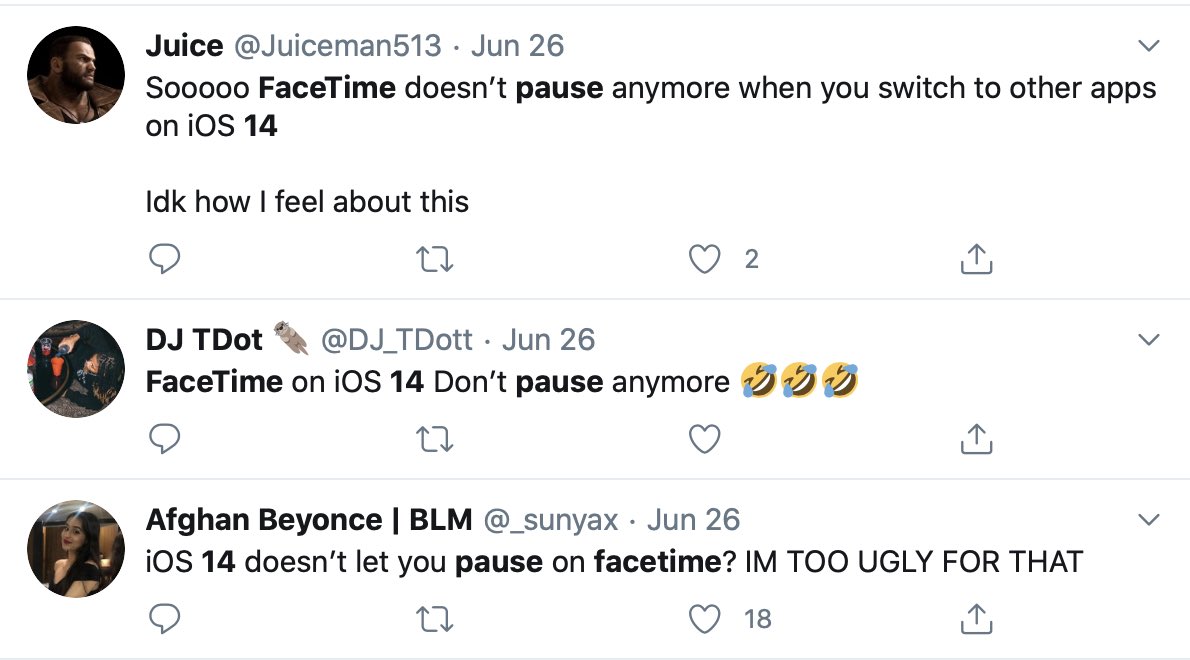 You know how when you& #39;re on a FaceTime call and you have to read a text, it pauses the video? In iOS 14, this no longer happens and their video shows up in a PiP window! I thought this was great, though a quick Twitter search shows that this is a controversial change, lol…