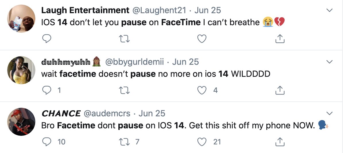 You know how when you& #39;re on a FaceTime call and you have to read a text, it pauses the video? In iOS 14, this no longer happens and their video shows up in a PiP window! I thought this was great, though a quick Twitter search shows that this is a controversial change, lol…