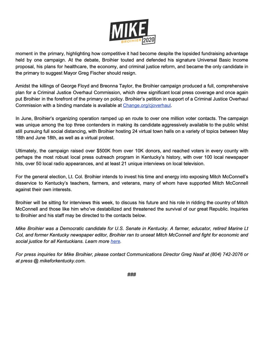 BroihierBrigade's tweet photo. That's a wrap, folks. #MikeForKY #BroihierBrigade
Final press release: https://t.co/0mQV4J7SE0