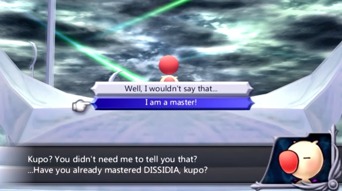 if you claim to be a master of dissidia in dissidia 012's opening tutorial (entirely possible if you played the original & already know the combat), the game makes you pay dearly for your hubris by pitting your level 1 character against Feral Chaos, the game's lv 130 superboss