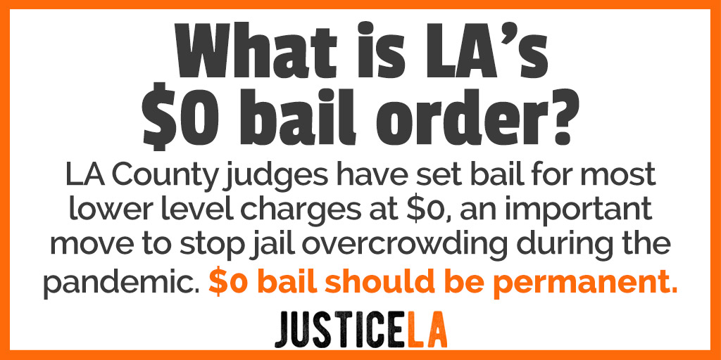 What is LA's $0 bail order? LA County judges have set bail for most lower level charges at $0, an important move to stop jail overcrowding during the pandemic. $0 bail should be permanent.