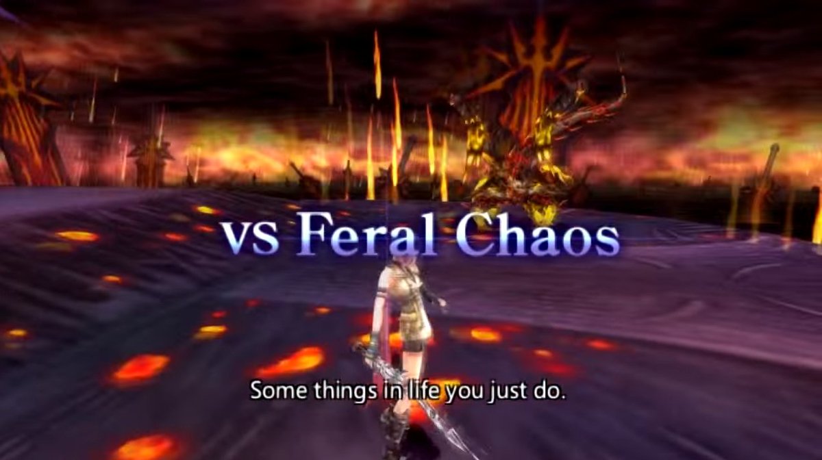 if you claim to be a master of dissidia in dissidia 012's opening tutorial (entirely possible if you played the original & already know the combat), the game makes you pay dearly for your hubris by pitting your level 1 character against Feral Chaos, the game's lv 130 superboss
