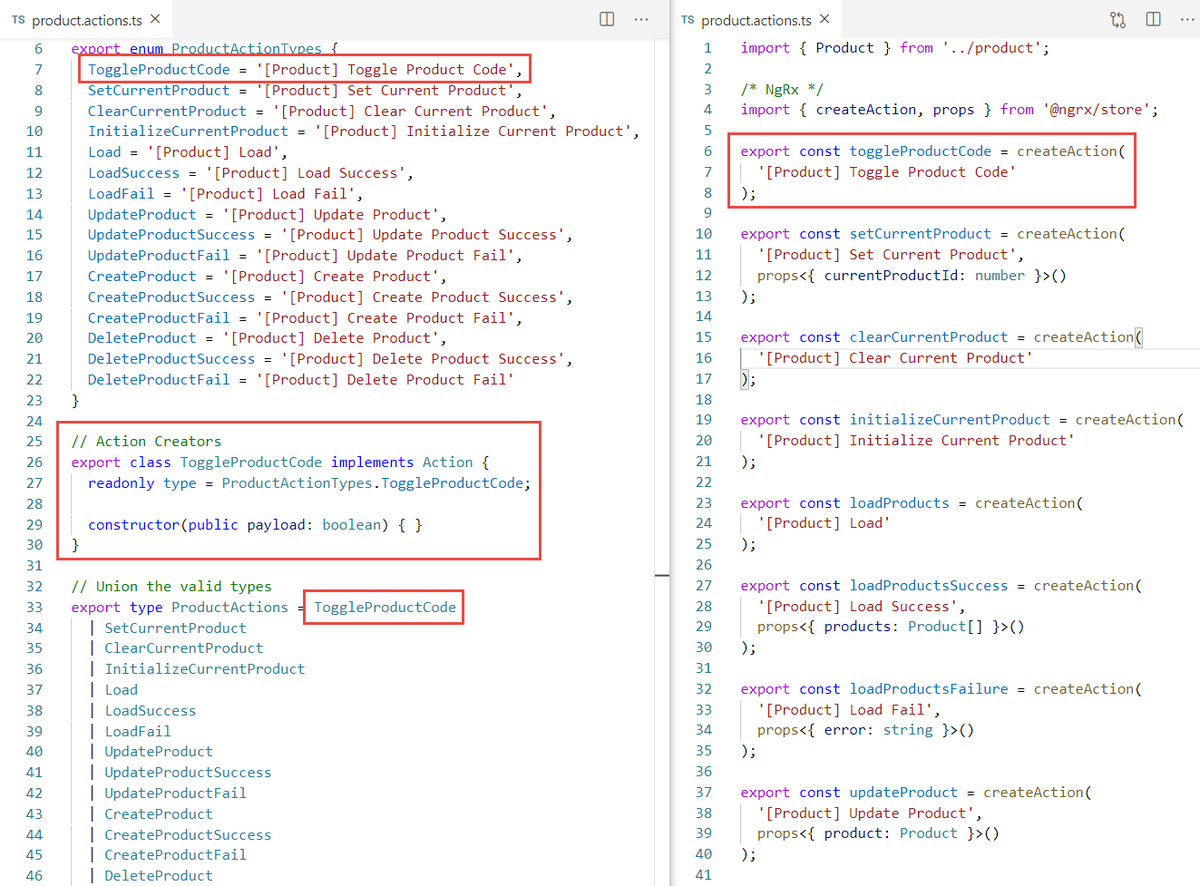 DeborahKurata's tweet photo. NgRx Tip: Use the new action creators to save yourself lots of code.
On the left: enum, class, union type.
On the right, a one line createAction function constant.
#NgRx #Angular #angulartip #DeborahKTip https://t.co/rz9a127t45