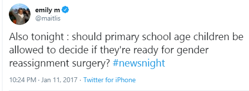 Or  #NewsNight presenters making false & harmful insinuations that transgender children have access to surgery (for the record minimum age for Trans surgeries on the NHS is 17 in the UK, though practically inaccessible due to 4+ year waiting lists ) 15/