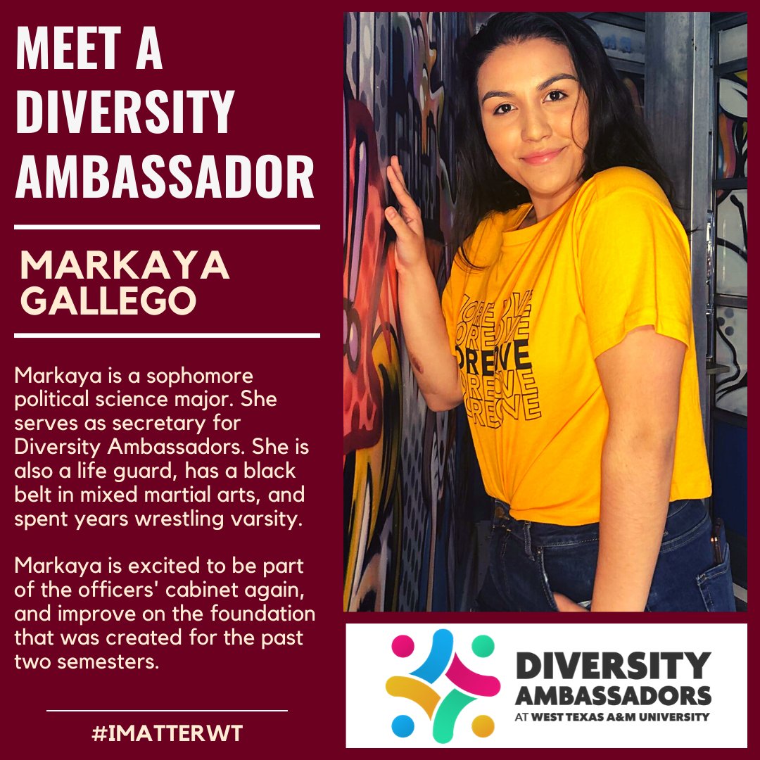 WT_OEC's tweet photo. Meet Diversity Ambassador, Markaya Gallego, a a sophomore political science major. She serves as secretary for Diversity Ambassadors. Markaya is excited to continue to improve on the foundation that was created for the past two semesters. #IMatterWT #DiversityAmbassadorsWT https://t.co/MxGAGOsz9N
