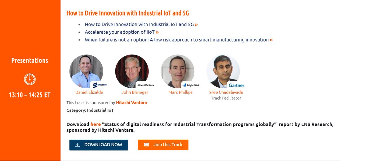 IIoT_World's tweet photo. This track from #IIoTWorldDays sponsored by @HitachiVantara starts in about 20 mins. Don’t miss your chance to attend: https://t.co/Xn1XnBcuTo @delizalde @ericsson @Gartner_inc @turbomarc #IIoT #hitachivantara_iiot https://t.co/F5HbFqP58B
