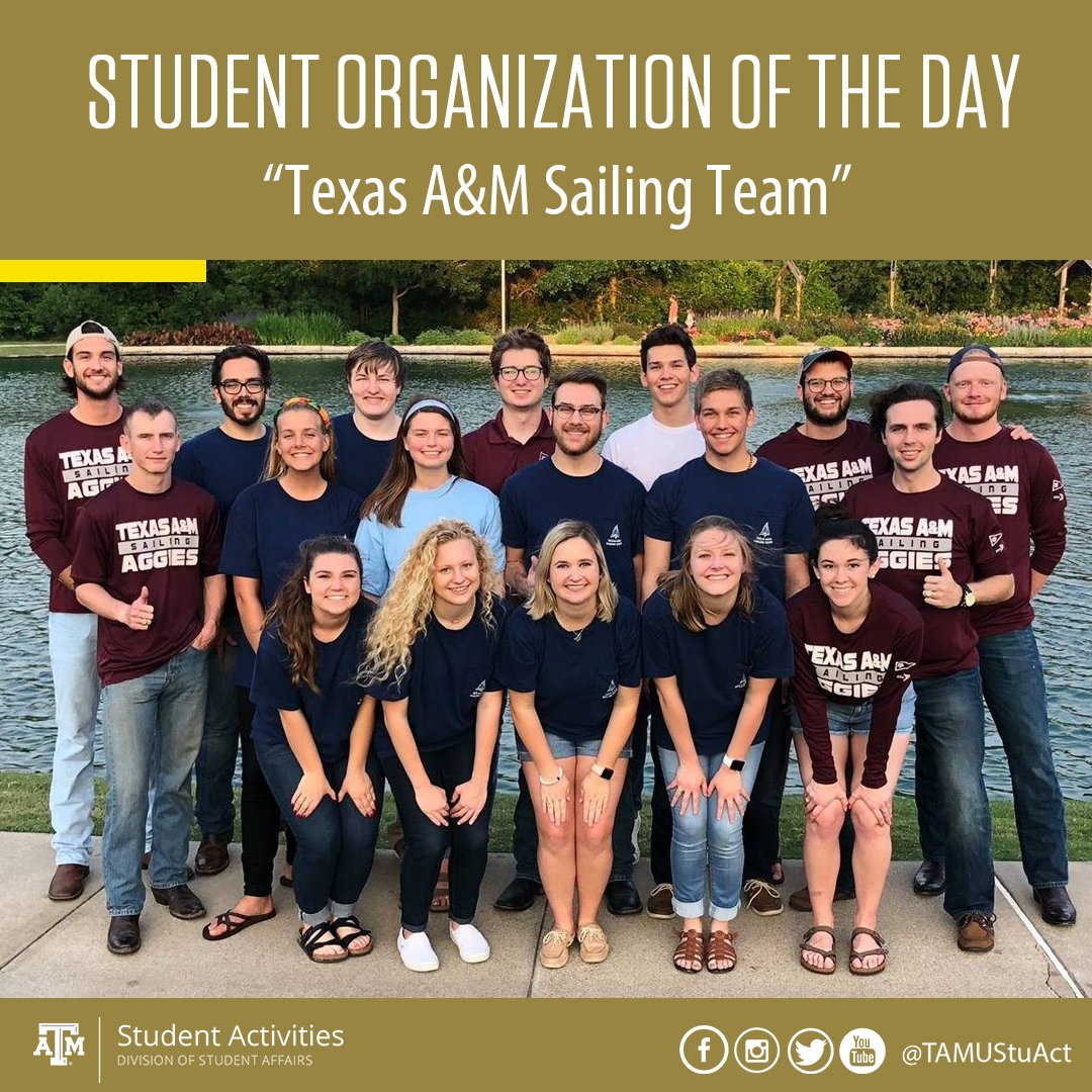 tamustuact's tweet photo. Texas A&amp;M Sailing Team's purpose is to learn and teach the basics of sailing and to use these skills by competing in intercollegiate sailing regattas (within SEISA and Nationally). Above all, their main goal is to have fun! #OrgoftheDay #AgsInvolved @TAMUSailing https://t.co/PyZpj5PAgq