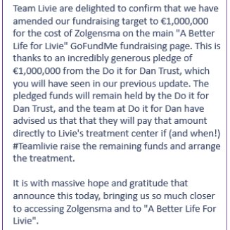 teamlivie's tweet photo. 🌟Our GoFundMe goal is now €1,000,000🌟

Thanks to the phenomenal pledge of €1,000,000 from @DoItForDan201 we are closer than ever to Zolgensmas price tag of €2,000,000 💚💗💛

Please help us get there!! Let's do this!!
#teamlivie #abetterlifeforlivie
https://t.co/tk7ybvSHqi https://t.co/BpdqM9ApB7