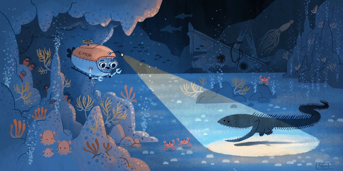 LibbieTemple's tweet photo. Meet C-MOR, the exploring research sub! June’s topic for #letsmakepb group was the deep sea! This was a challenge because of the limited color palette and minimal environment to work with. I had a lot of fun with this theme! 🦑🐠💙 #kidlitart #kidlit https://t.co/Tbr48nv26Z
