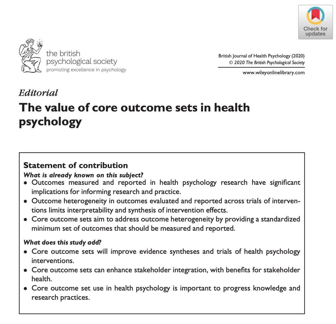 Our editorial out today on value of #coreoutcomesets in #healthpsychology outlines usefulness re #evidencesynthesis, #stakeholderinvolvement, #researchtranslation & #openscience. @MollyByrneIre @decdevane @cbterwee @TrishCork Liz Gargon, @COMETinitiative  doi.org/10.1111/bjhp.1…