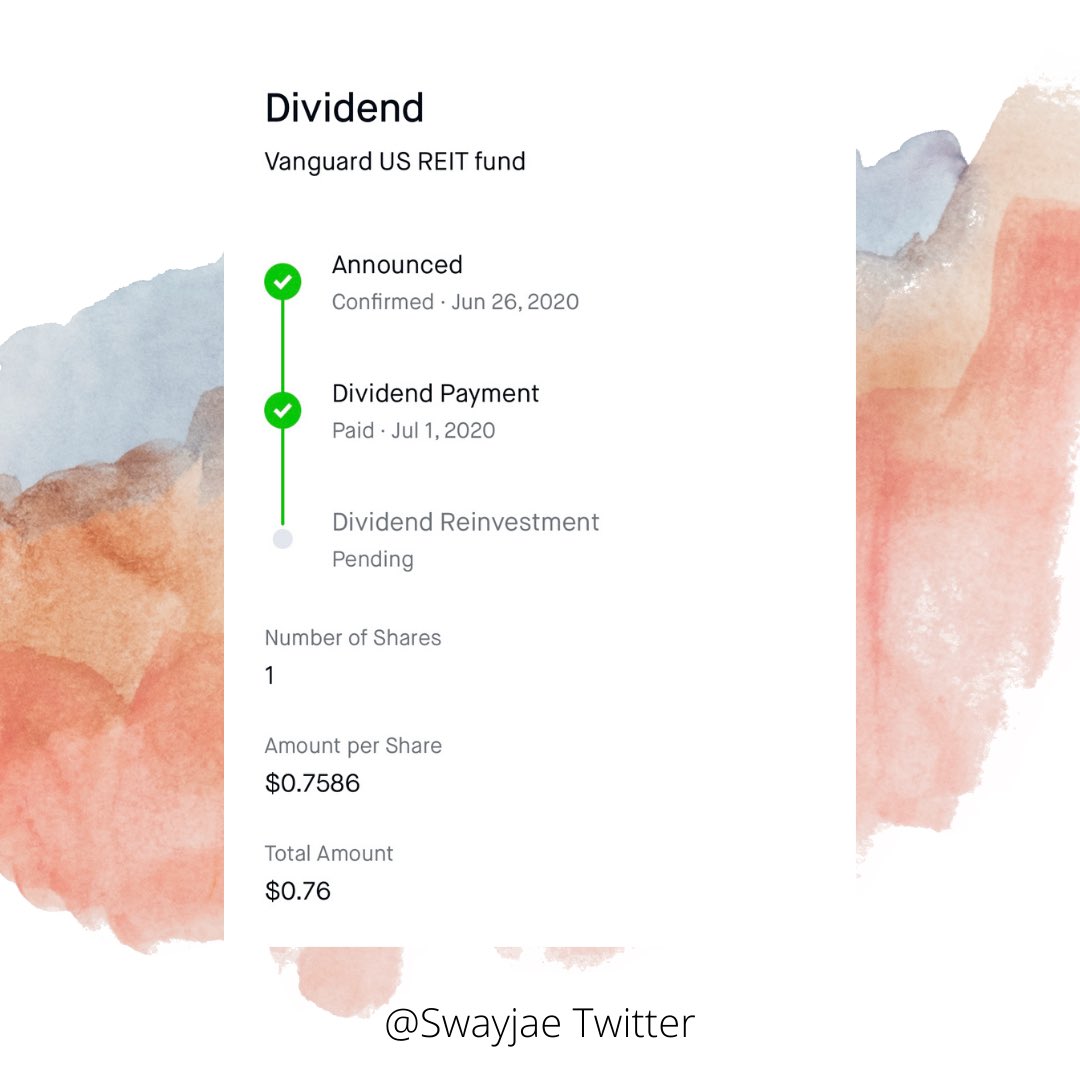 I bought  $VNQ about a months ago or so. Got my first dividend payment of $0.76 for 1 shares So I bought 2 more shares I’m definitely going to add to this position 
