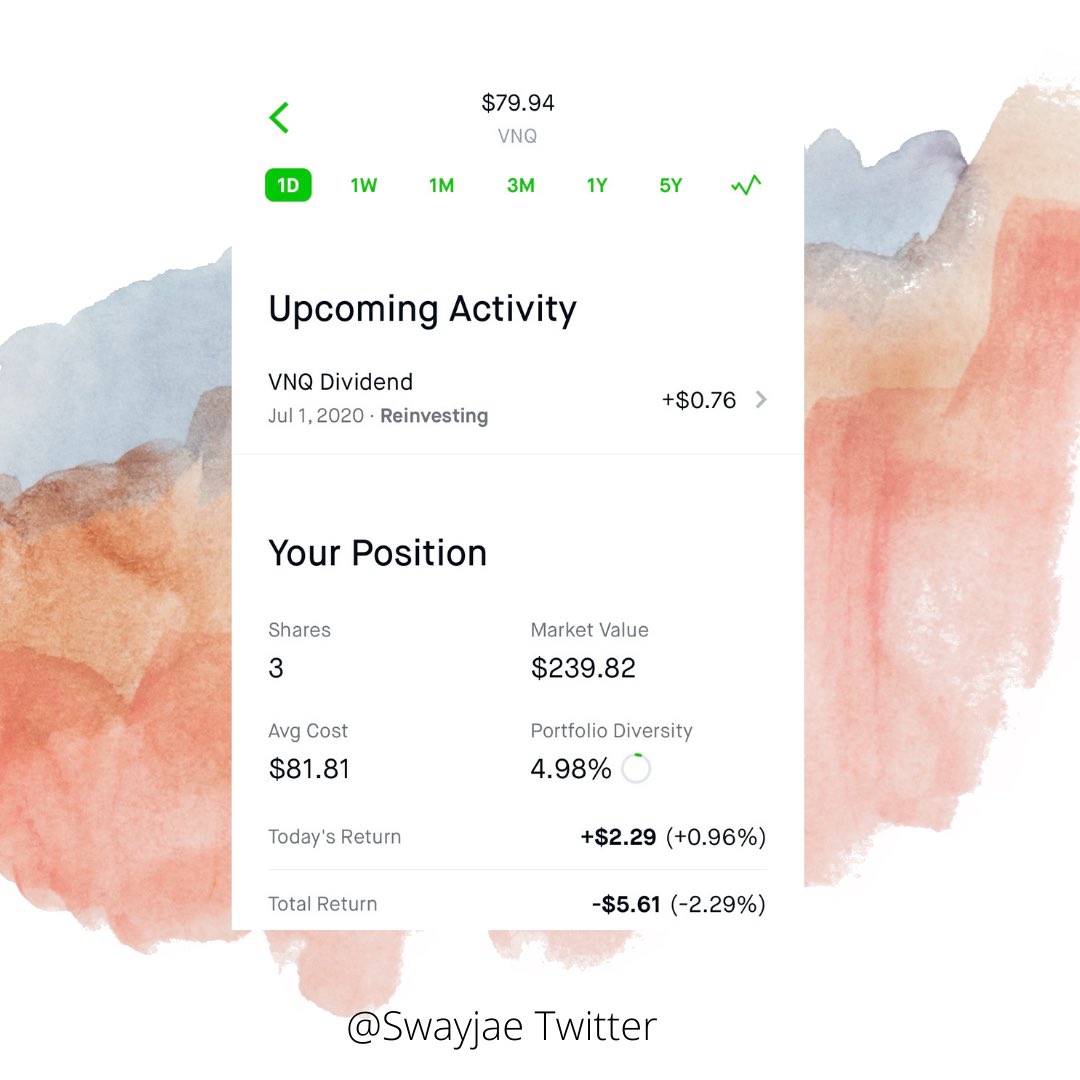I bought  $VNQ about a months ago or so. Got my first dividend payment of $0.76 for 1 shares So I bought 2 more shares I’m definitely going to add to this position 