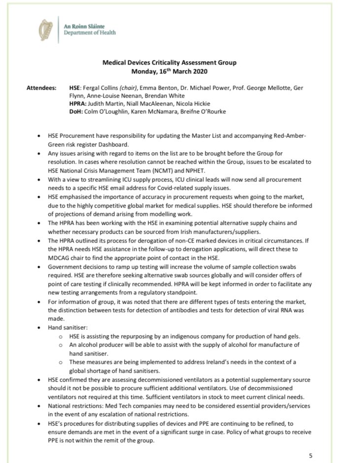 “HSE’s procedures for distributing supplies of devices and PPE are continuing to be refined, to ensure demands are met in the event of a significant surge in case. Policy of what groups to receive PPE is not within the remit of the group”