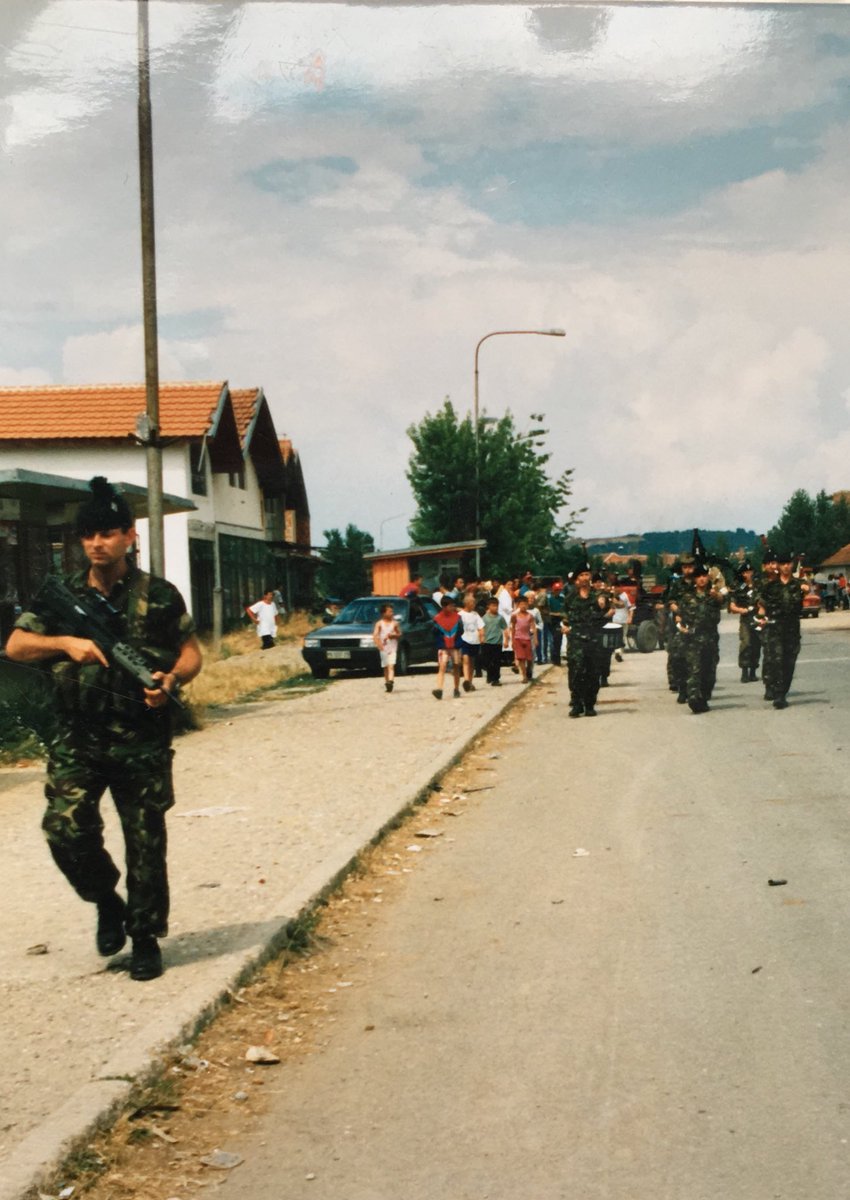 Somme Day/Rangers Day 1st July 1999. Bugles, Pipes and Drums of <a href="/CO1RIRISH/">CO 1 ROYAL IRISH</a> performing for the recently liberated - but somewhat bemused - locals of Glogovac, Kosovo. #IRISHRANGER