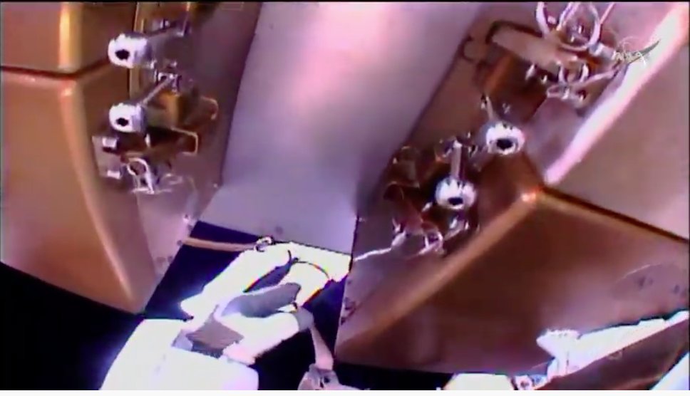 genejm29's tweet photo. #NASA #ISS #EXP63 #EVA229 #EVA66 - A look through Bob Bhenken's helmet camera can see Cassidy in the last screengrab. The duo just getting their safety tethers together before getting back into the airlock ISS over the South Atlantic going into an Orbital Night-Time. https://t.co/uu94fi1xKt