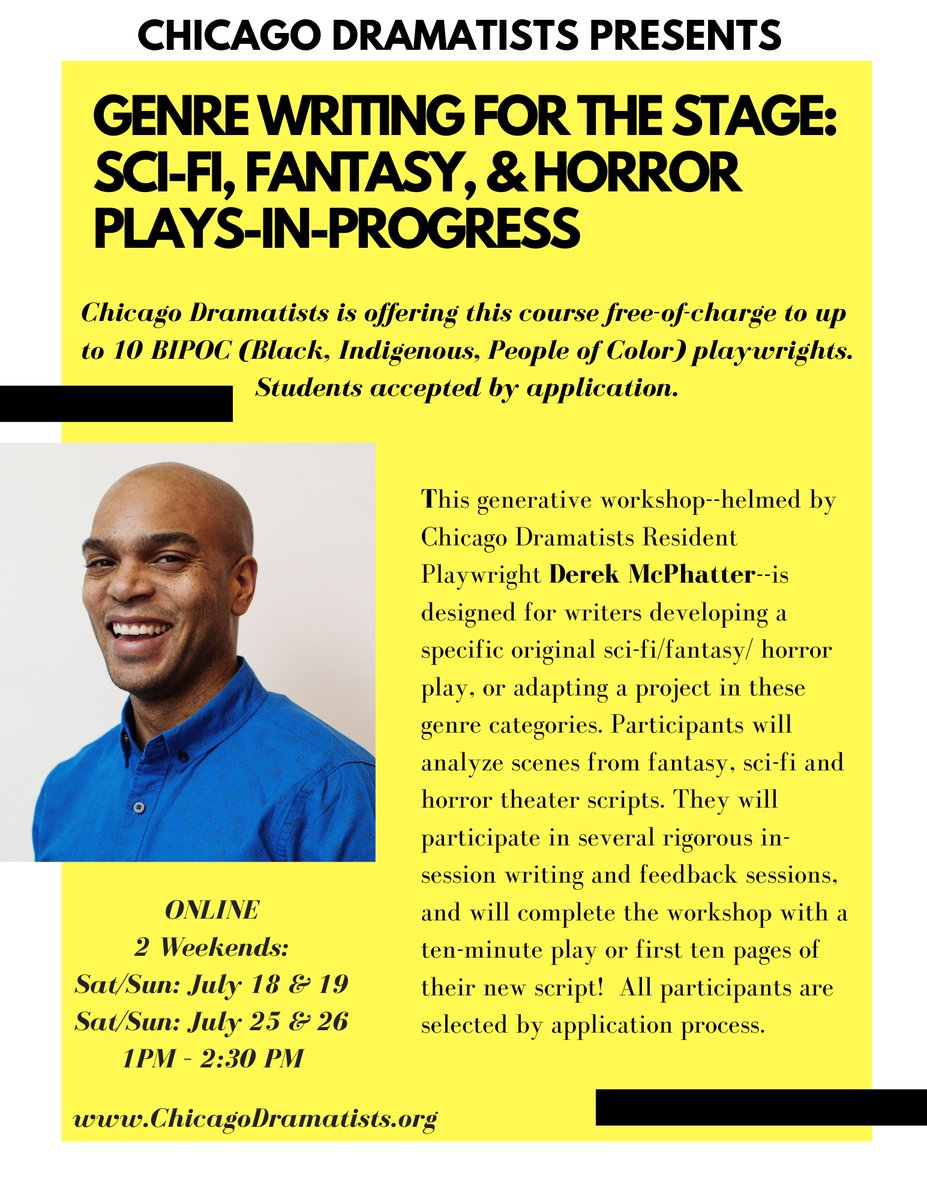 ChiDrama's tweet photo. TEN DAYS LEFT to apply for this amazing, FREE opportunity for BIPOC writers!!! Due July 10th!!! Link in bio. #chicagodramatists #blacklivesmatter #blackwriters #chicagowriters #playwrights #chicagotheatre #writingclass #playwritingclass #writersofinstagram #writingprompts https://t.co/QNYWBsdhh8