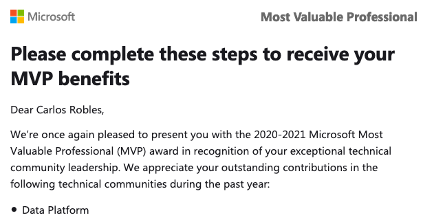 croblesmr's tweet photo. Honored and humbled to be renewed as #DataPlaform MVP for the first time. Congrats to all the new and renewed MVPs for 2020-2021 🎉#MVPBuzz @MVPAward https://t.co/TfEURRuIzL