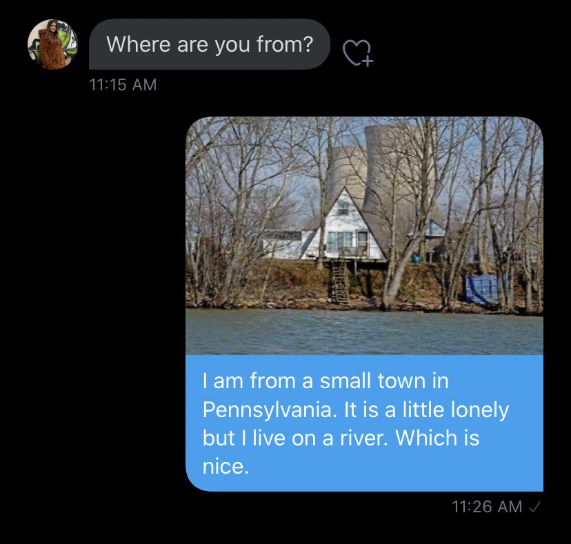 But then she asked about me... and now I’m terrified I shared too much.I knew I should have photoshopped out Three Mile Island behind my simple country cabin.I fear this may be the end of us.