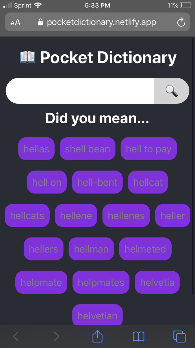 reallycoolcoder's tweet image. Built a pocket dictionary with the Merriam-Webster API today!

I set it up to handles typos so you can press on the suggested word to see that definition.

Very fun API! It was a challenge but I was able to build and deploy this in just a few hours! 

#100DaysOfCode #womenintech