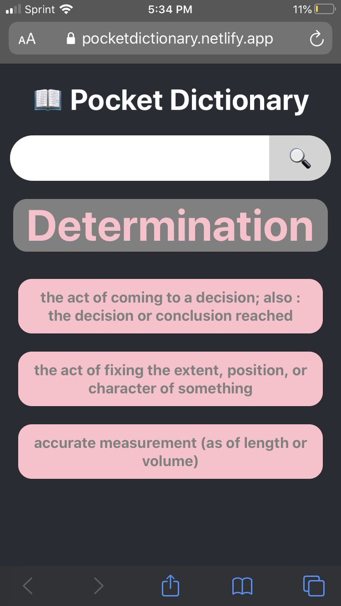 reallycoolcoder's tweet image. Built a pocket dictionary with the Merriam-Webster API today!

I set it up to handles typos so you can press on the suggested word to see that definition.

Very fun API! It was a challenge but I was able to build and deploy this in just a few hours! 

#100DaysOfCode #womenintech