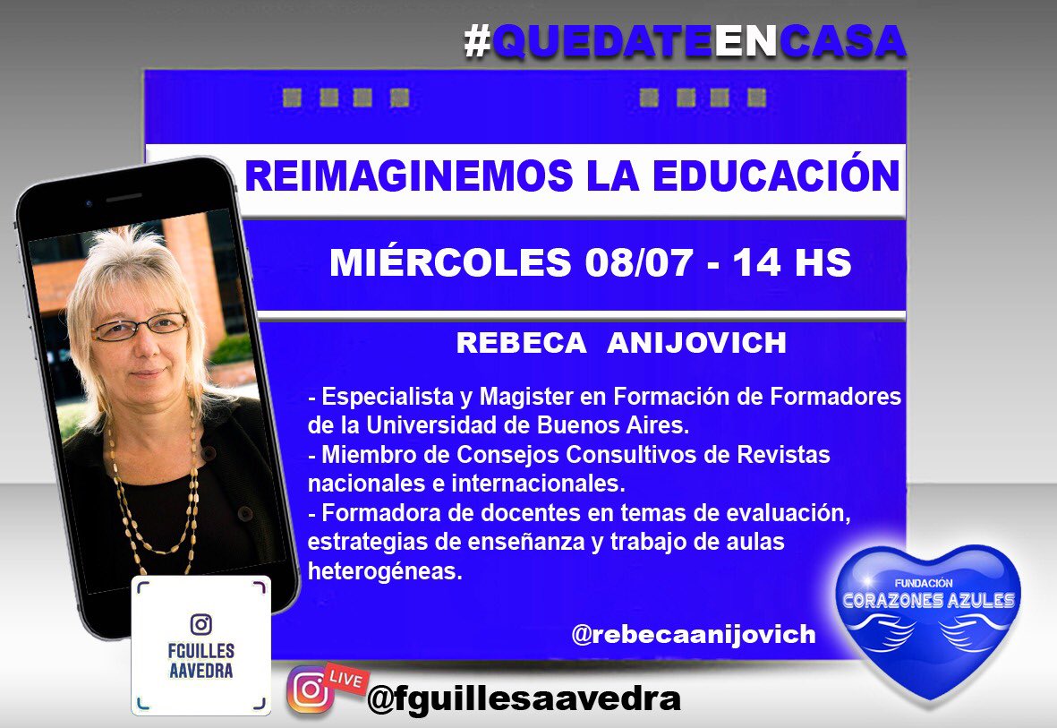 MariteLescano's tweet photo. IMPERDIBLE!!! Súmate a la charla con REBECA ANIJOVICH, construiremos diálogos colectivos que nos permitan pensar la Educación en estos tiempos. 08/07 a hs 14:00 💙#QuedateEnCasa @trottanico @fguillesaavedra @MartaMariaMerlo @patriciapinasco https://t.co/nOhWvuFmV6